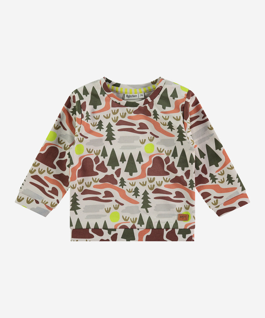 Details:&nbsp; This fashionable baby sweatshirt is made with an all over landscape print, a round neckline, ribbed arm cuffs and waistband, and push buttons on the side for easy opening. Perfect for any little one, this sweatshirt provides both comfort and style.&nbsp;
Color: Bone&nbsp;
Composition:&nbsp; 95% BCI cotton/5% elasthan &nbsp;