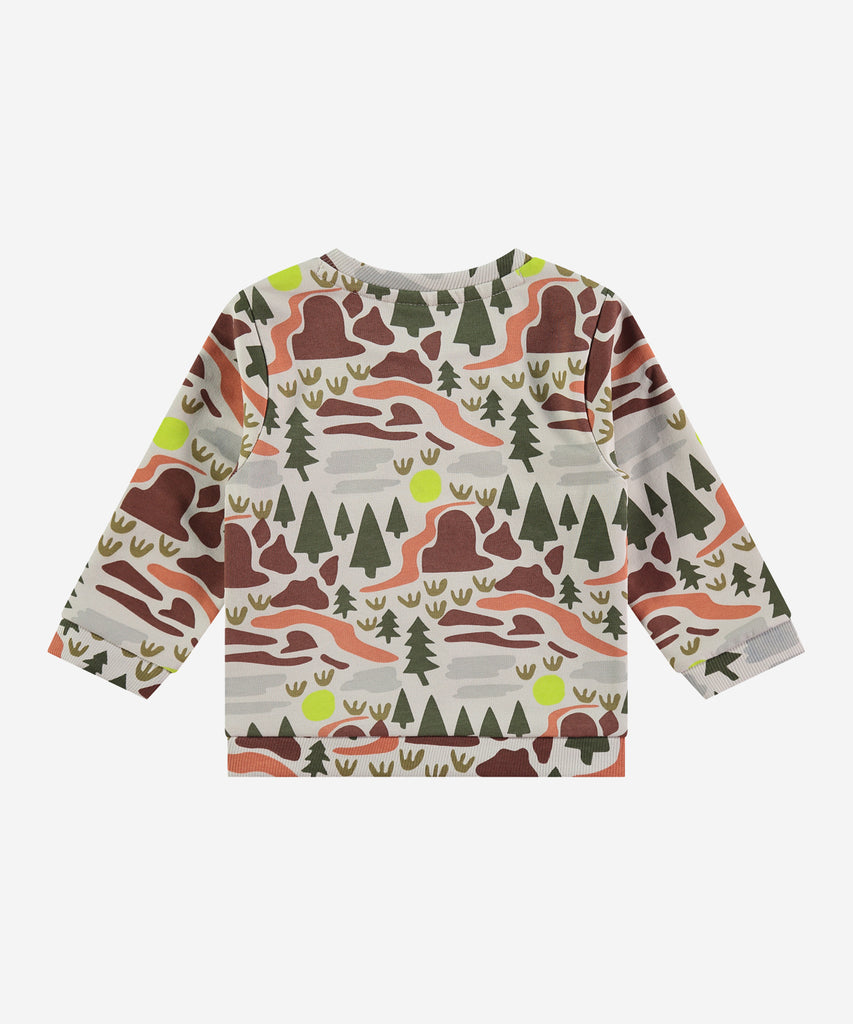 Details:&nbsp; This fashionable baby sweatshirt is made with an all over landscape print, a round neckline, ribbed arm cuffs and waistband, and push buttons on the side for easy opening. Perfect for any little one, this sweatshirt provides both comfort and style.&nbsp;
Color: Bone&nbsp;
Composition:&nbsp; 95% BCI cotton/5% elasthan &nbsp;