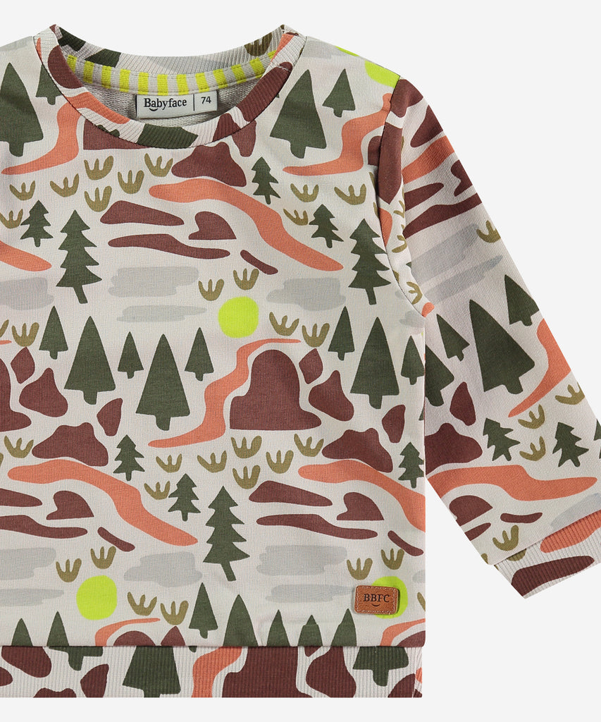 Details:&nbsp; This fashionable baby sweatshirt is made with an all over landscape print, a round neckline, ribbed arm cuffs and waistband, and push buttons on the side for easy opening. Perfect for any little one, this sweatshirt provides both comfort and style.&nbsp;
Color: Bone&nbsp;
Composition:&nbsp; 95% BCI cotton/5% elasthan &nbsp;