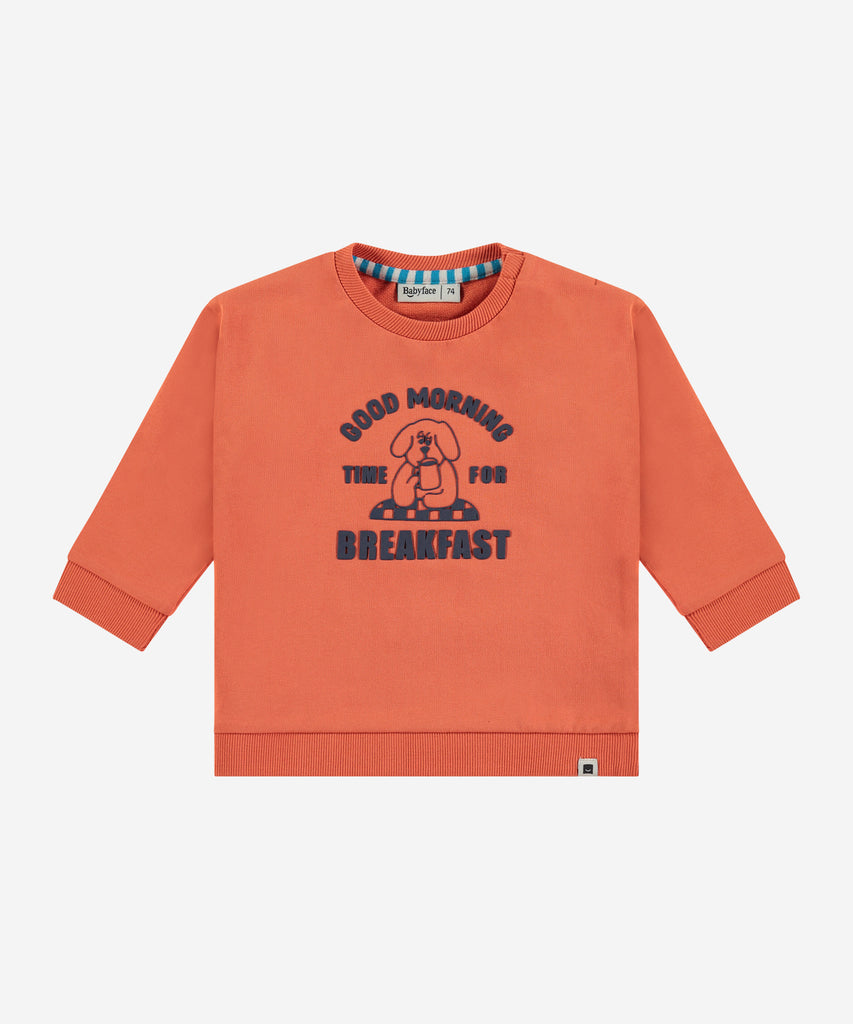 Details:&nbsp; This fashionable baby sweatshirt is made with an Breakfast Dog print on the front, a round neckline, ribbed arm cuffs and waistband, and push buttons on the side for easy opening. Perfect for any little one, this sweatshirt provides both comfort and style.&nbsp; Color: Cayenne&nbsp;&nbsp; Composition:&nbsp; 95% BCI cotton/5% elasthan &nbsp;