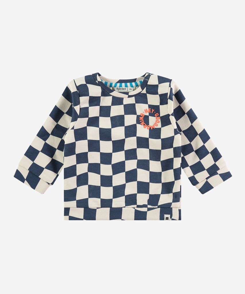 Details:&nbsp; This fashionable baby sweatshirt is made with an checkered blue print, a round neckline, ribbed arm cuffs and waistband, and push buttons on the side for easy opening. Perfect for any little one, this sweatshirt provides both comfort and style.&nbsp; Color: Blue white&nbsp;&nbsp; Composition:&nbsp; 95% BCI cotton/5% elasthan &nbsp;