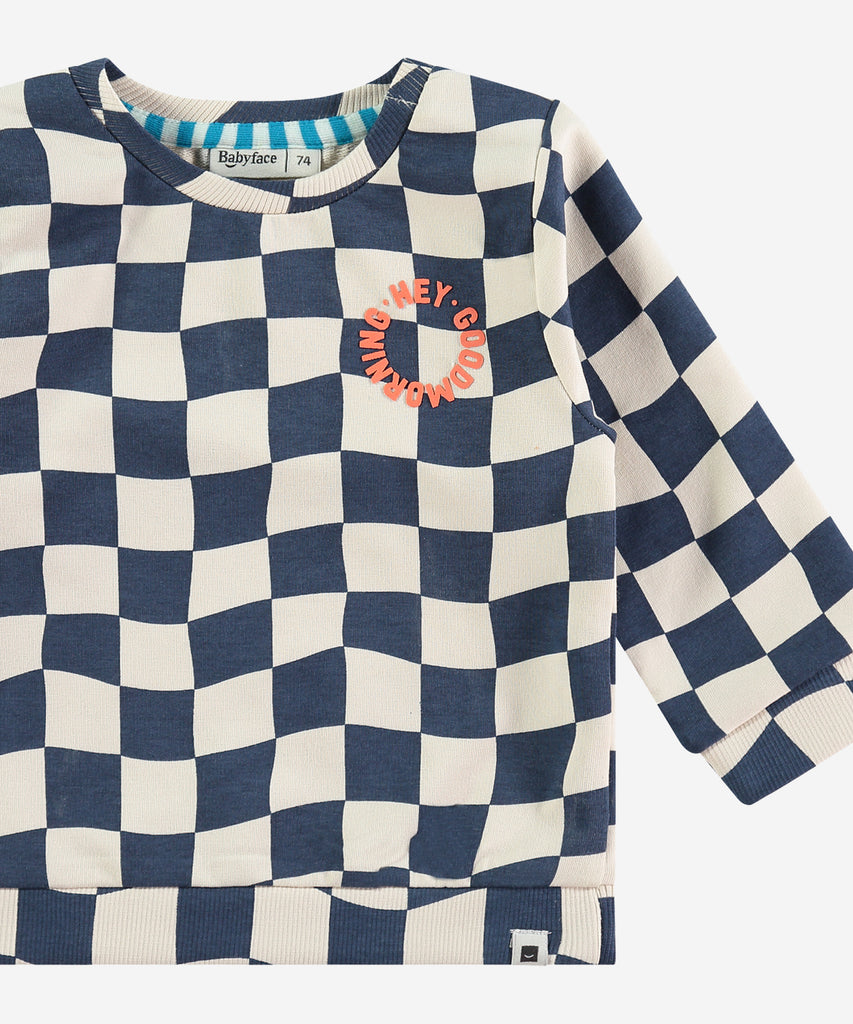 Details:&nbsp; This fashionable baby sweatshirt is made with an checkered blue print, a round neckline, ribbed arm cuffs and waistband, and push buttons on the side for easy opening. Perfect for any little one, this sweatshirt provides both comfort and style.&nbsp; Color: Blue white&nbsp;&nbsp; Composition:&nbsp; 95% BCI cotton/5% elasthan &nbsp;