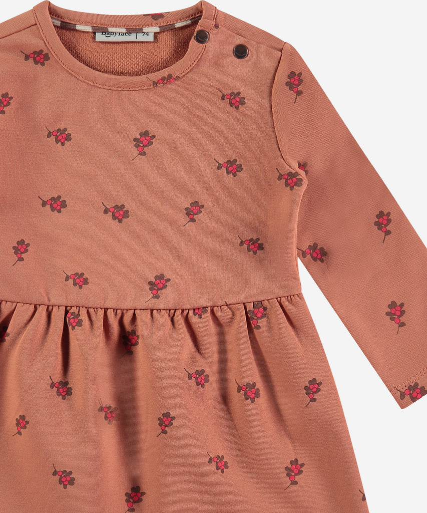 Details:&nbsp; This fashionable baby sweatdress is made with an all over Berries print, a round neckline and push buttons on the side for easy opening. Perfect for any little one, this Dress provides both comfort and style.&nbsp;
Color: Cinnamon&nbsp;
Composition:&nbsp; 95% BCI cotton/5% elasthan &nbsp;