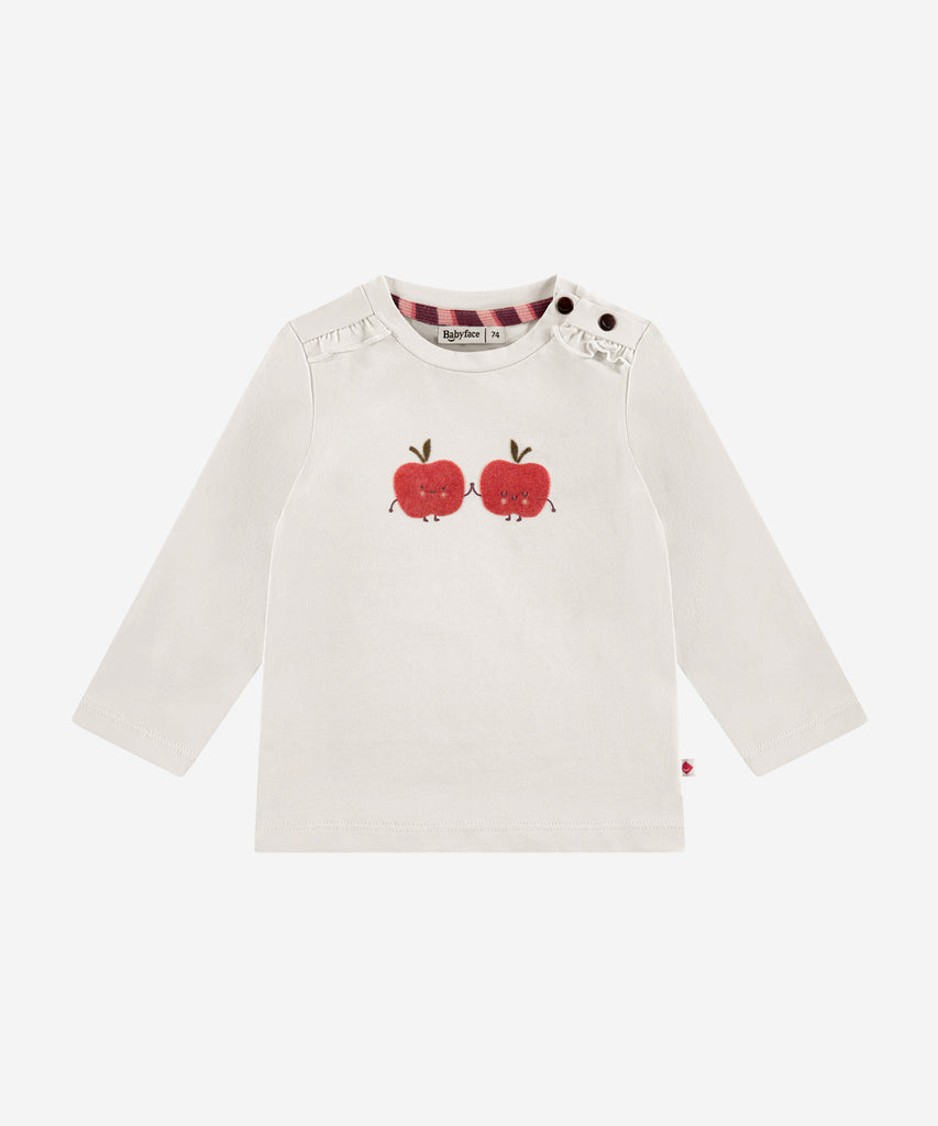 Details:&nbsp; This fashionable baby long sleeve t-shirt is made with an apple friend print on the front, a round neckline, and push buttons on the side for easy opening. Perfect for any little one, this long sleeve t-shirt provides both comfort and style.&nbsp;
Color: Creme&nbsp;
Composition:&nbsp; 95% BCI cotton/5% elasthan &nbsp;