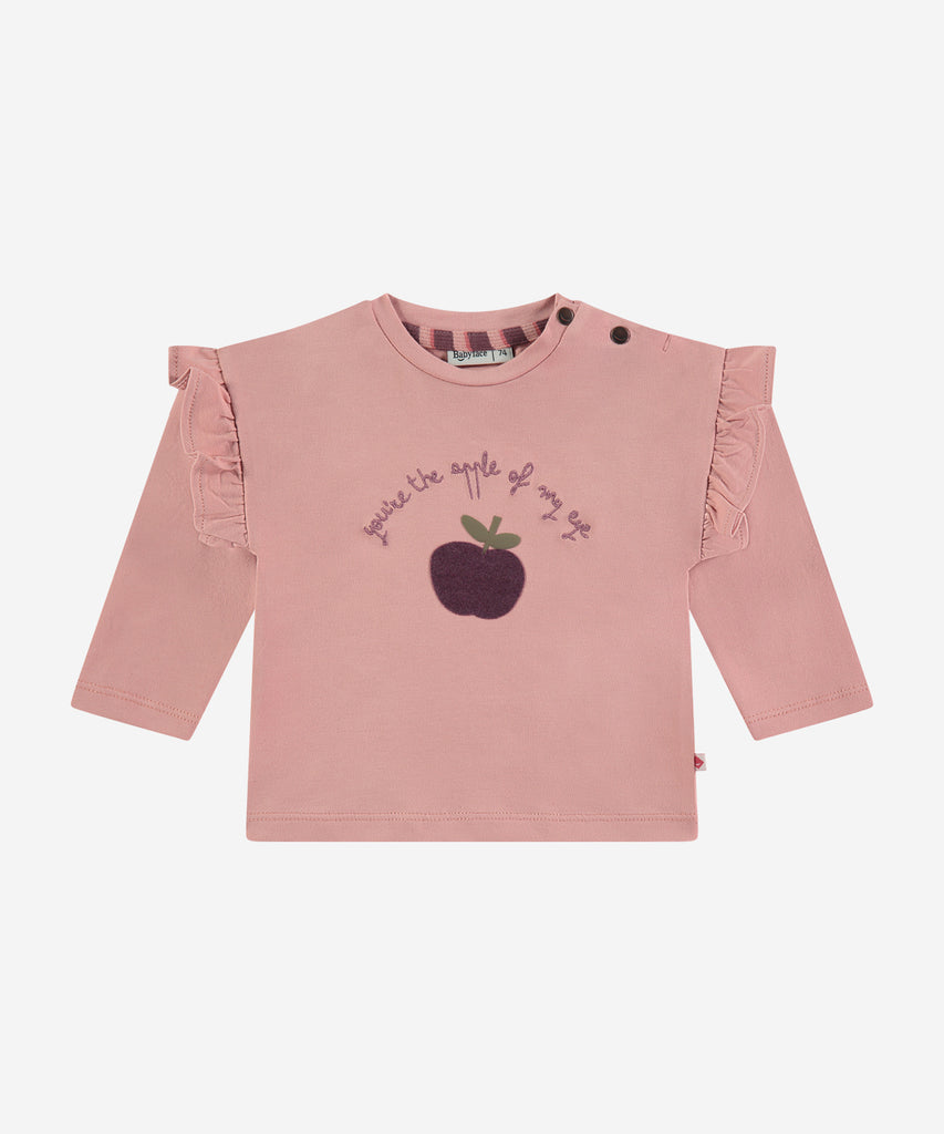 Details:&nbsp; This fashionable baby long sleeve t-shirt is made with an apple print on the front, a round neckline, and push buttons on the side for easy opening. Perfect for any little one, this long sleeve t-shirt provides both comfort and style.&nbsp;
Color: Powder&nbsp;
Composition:&nbsp; 95% BCI cotton/5% elasthan &nbsp;