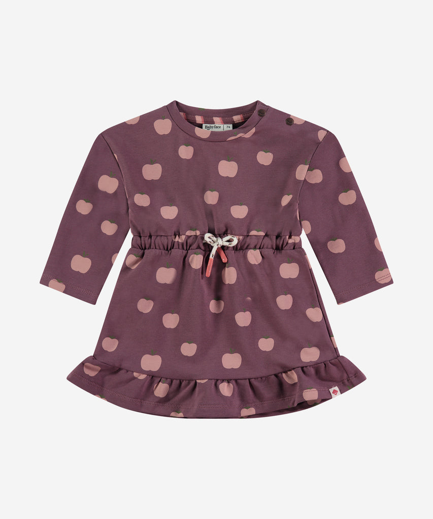 Details:&nbsp; This fashionable baby sweatdress is made with an all over Apple print, a round neckline and push buttons on the side for easy opening. Perfect for any little one, this Dress provides both comfort and style.&nbsp;
Color: Purple&nbsp;
Composition:&nbsp; 95% BCI cotton/5% elasthan &nbsp;