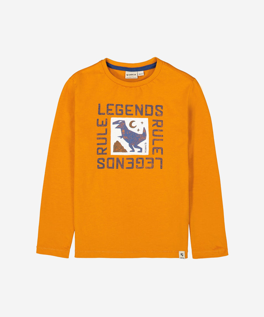 Details: &nbsp;Enhance your casual look with our LS T-Shirt Legends in halloween orange. This long-sleeved t-shirt features a classic round neckline. The 'Legends' print on the front adds a touch of playfulness to your outfit. Stay comfortable and stylish in this versatile shirt. &nbsp; Color:&nbsp; Halloween orange&nbsp;&nbsp; Composition:&nbsp; 100% Cotton &nbsp;