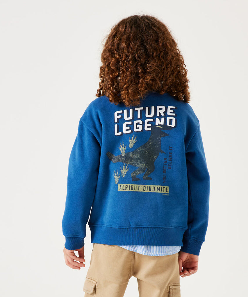 Details:&nbsp; &nbsp;This dew blue sweater features a round neckline and ribbed arm cuffs and waistband. The text and print 'Future Legend' on the back adds a unique touch. Stay warm and stylish in this must-have piece, perfect for any fashion-forward individual. &nbsp; Color: Dew blue&nbsp; Composition:&nbsp; 80% Cotton, 20% Polyester &nbsp;