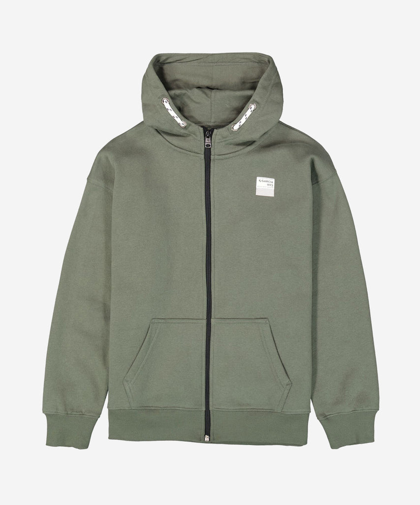 Details: &nbsp;This hooded cardigan in kale green offers functional and stylish features, including a zip closure, ribbed arm cuffs and waistband, and a unique "future" print on the back. Stay warm and make a statement with this expertly crafted cardigan. Color: Kale green&nbsp; Composition:&nbsp; 80% Cotton, 20% Polyester &nbsp;