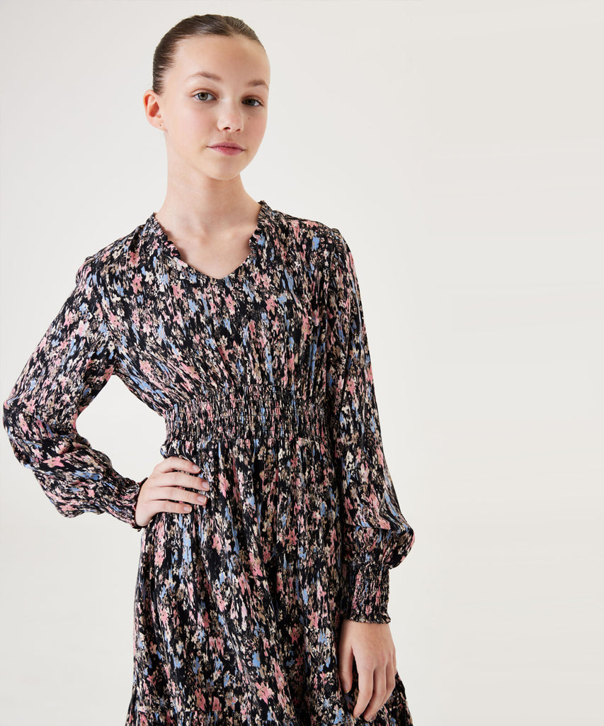 Details:&nbsp; Expertly crafted with a round neckline and long sleeves, this smocked dress is both stylish and comfortable. The painted floral pattern on the off black fabric adds a touch of elegance to the design. Perfect for any occasion, this dress is a must-have addition to your wardrobe.&nbsp; Color: Off black&nbsp; Composition:&nbsp; 100% Viscose &nbsp;