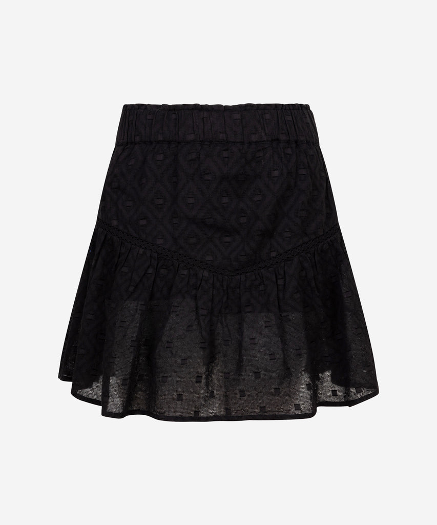 Details:&nbsp; Add a flirty touch to your wardrobe with our Lace Ruffle Skirt in a nice black&nbsp; color. The delicate lace ruffles and elastic waistband provide a comfortable yet stylish fit, while the built-in shorts offer convenience and coverage. Perfect for any occasion! &nbsp; Color: Black&nbsp; Composition:&nbsp; Woven Cotton 100% Cotton &nbsp; &nbsp;