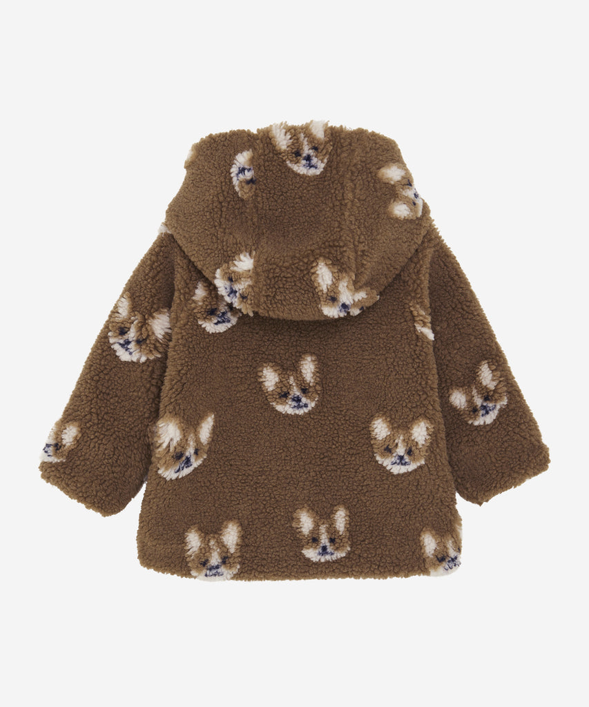 Details: &nbsp;This baby hooded teddy jacket features an all over print of adorable dogs and a convenient zip closure. Keep your little one warm and stylish with this cozy and cute jacket. A must-have for any fashionable baby's wardrobe. Color: Sepia&nbsp; Composition:&nbsp; 100% Polyester &nbsp;