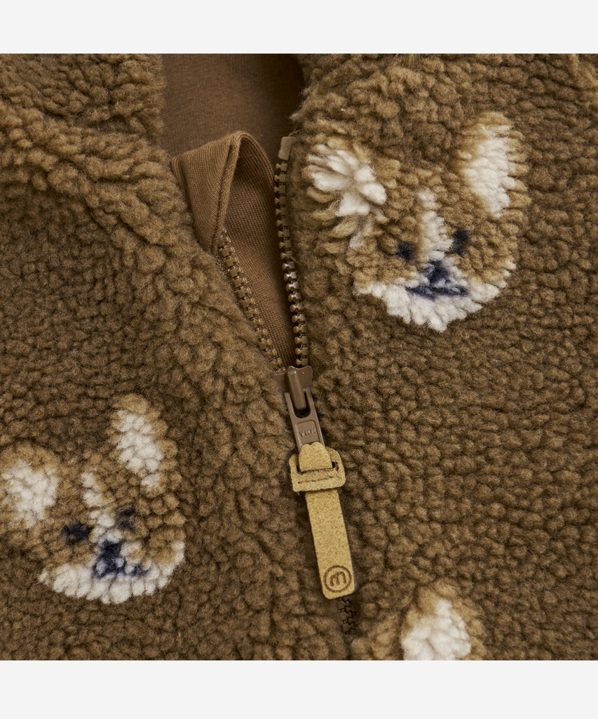 Details: &nbsp;This baby hooded teddy jacket features an all over print of adorable dogs and a convenient zip closure. Keep your little one warm and stylish with this cozy and cute jacket. A must-have for any fashionable baby's wardrobe. Color: Sepia&nbsp; Composition:&nbsp; 100% Polyester &nbsp;