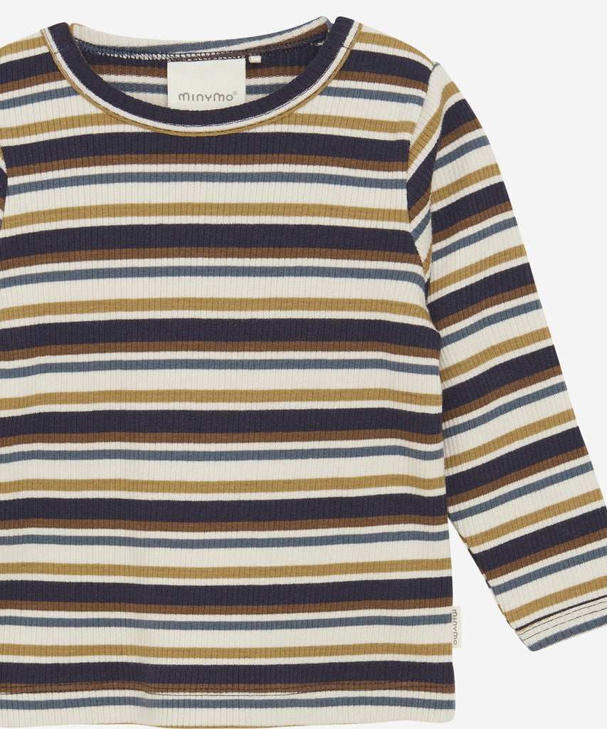 Details:&nbsp; Expertly crafted with soft rib fabric, this multi-stripe long sleeve baby t-shirt provides ultimate comfort for your little one. Perfect for any occasion, this shirt's ribbed texture adds a touch of style and durability. Keep your baby looking chic and feeling cozy in this must-have wardrobe piece. &nbsp;&nbsp; Color: Multi color stripes&nbsp; Composition:&nbsp; 95% Cotton/ 5% Elastane &nbsp;