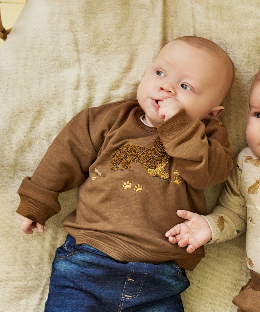 Details:&nbsp; This taupe baby sweater features an adorable Dachshund design on the front, making it a charming addition to your little one's wardrobe. The round neckline and buttons on the side of the collar make it easy to dress your baby, while keeping them comfortable and cozy. Perfect for any occasion.&nbsp; Color: Brown&nbsp; Composition:&nbsp; Organic Sweat-slub Yarn 95% Cotton/ 5% Elastane&nbsp;