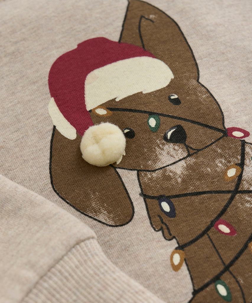 Details: &nbsp;This adorable Baby Sweater in Brown Melee is perfect for the holiday season! With a round neckline and convenient push buttons on the side of the collar, dressing your little one couldn't be easier. Plus, the cute X-Mas Doggie design on the front adds a festive touch. Made of cozy, high-quality material for maximum comfort.&nbsp;
Color: Brown melee&nbsp;
Composition: Sweat Brushed 90% Cotton/ 5% Polyester/ 5% Elastane