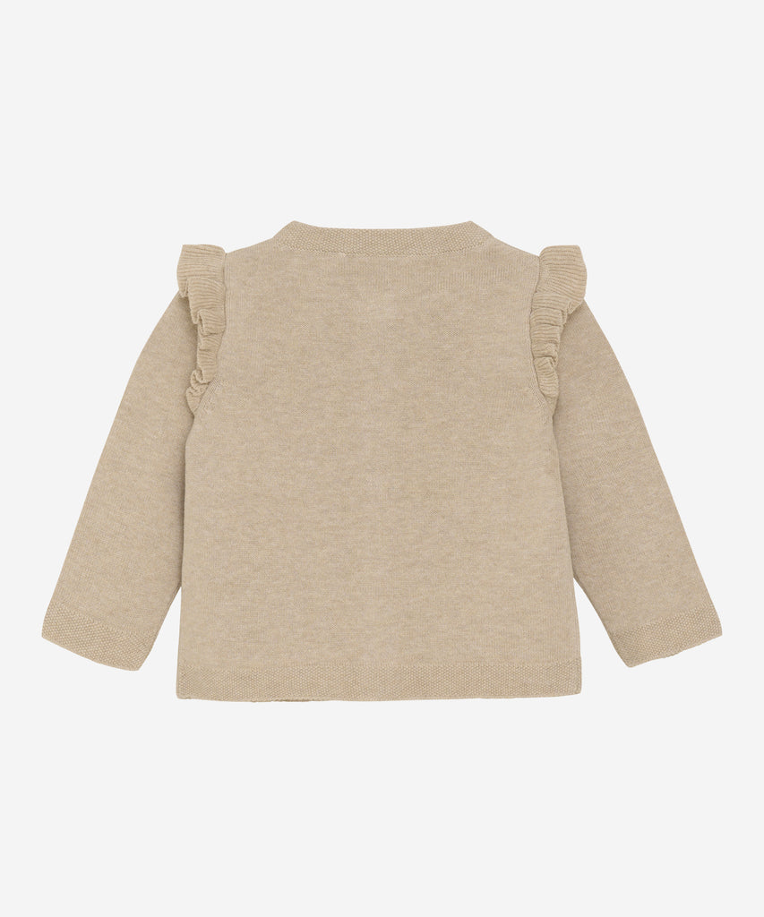 Details:&nbsp;This embrodied Baby Knit Cardigan is made with a soft knitted fabric, perfect for your little one's delicate skin. The button closure adds convenience and security, while the classic design allows for easy pairing with any outfit. Keep your baby cozy and stylish with this essential piece. Round Neckline.&nbsp; Color: Beige melee&nbsp; Composition:&nbsp; Organic Knit 100% Cotton &nbsp;