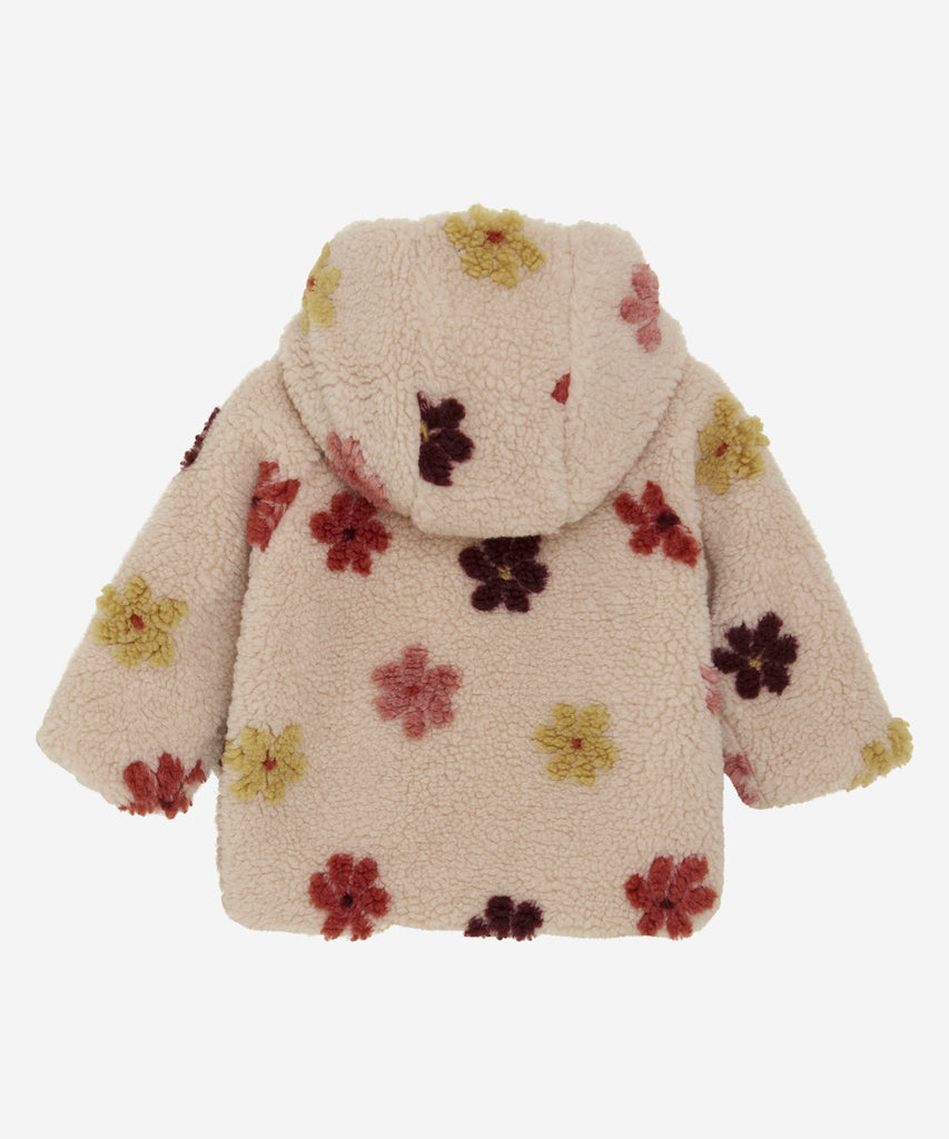 Details: &nbsp;This baby hooded teddy jacket features an all over print of Flowers and a convenient zip closure. Keep your little one warm and stylish with this cozy and cute jacket. A must-have for any fashionable baby's wardrobe. Color: Sandshell&nbsp; Composition:&nbsp; 100% Polyester &nbsp;