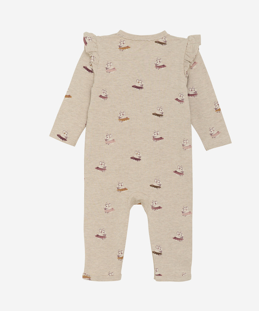 Details: Long sleeved baby jumpsuit with all over print Dancing Mice, push buttons and round neckline.&nbsp;
Color: Beige melee&nbsp;&nbsp;
Composition:&nbsp;Bamboo French Terry 65% Viscose/ 30% Cotton 5% Elastane&nbsp;