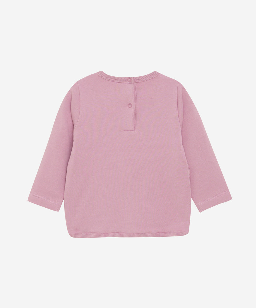 Details:&nbsp; This dawn pink baby sweater features an adorable Penguin design on the front, making it a charming addition to your little one's wardrobe. The round neckline and buttons on the back make it easy to dress your baby, while keeping them comfortable and cozy. Perfect for any occasion.&nbsp; Color: Dawn pink&nbsp; Composition:&nbsp; Organic Sweat Brushed 95% Cotton/ 5% Elastane &nbsp;