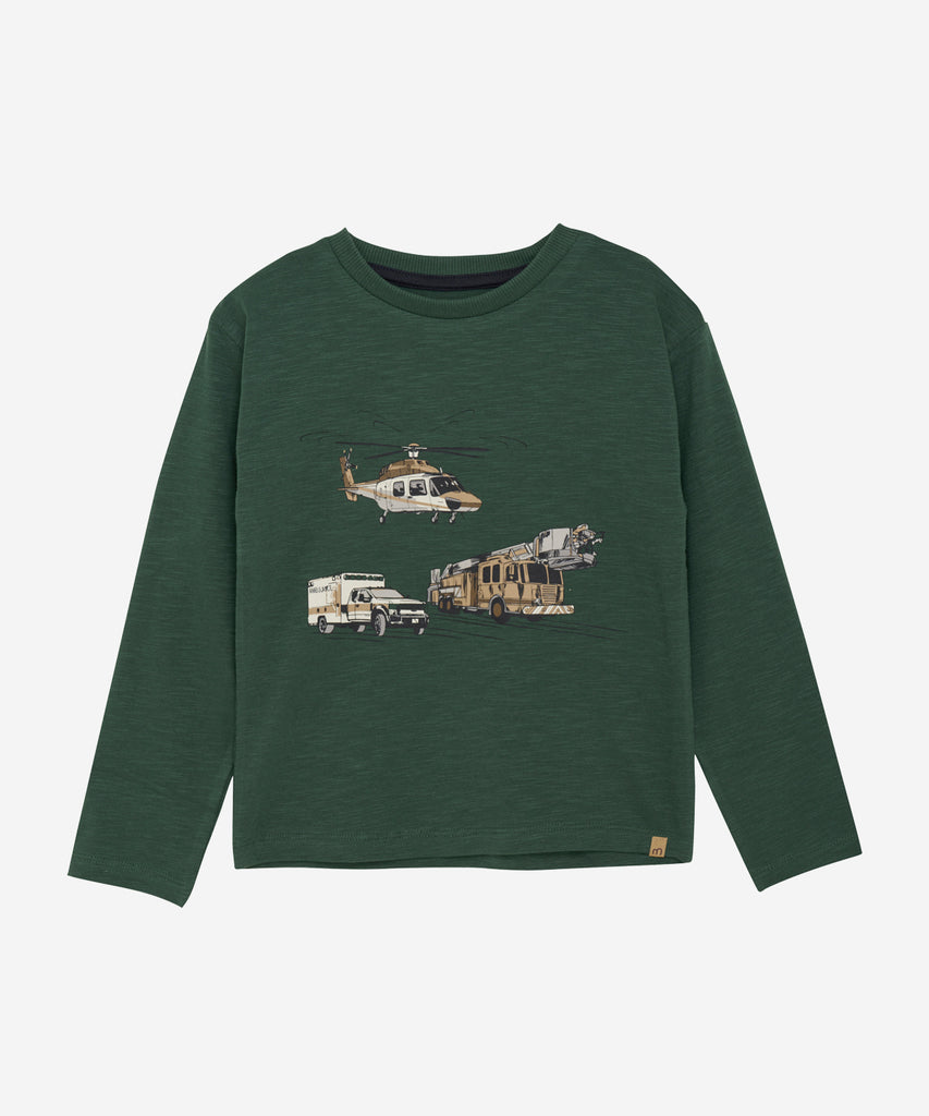 Details:&nbsp;Expertly crafted, this LS T-Shirt features a jungle green hue and a round neckline for a comfortable fit. The front depicts various rescue vehicles, making it perfect for any little adventurer. Made from high-quality materials, this long sleeve shirt offers both style and durability.&nbsp;
Color: Jungle green&nbsp;
Composition:&nbsp; Organic Single jersey-slub yarn 95% Cotton/ 5% Elastane &nbsp;