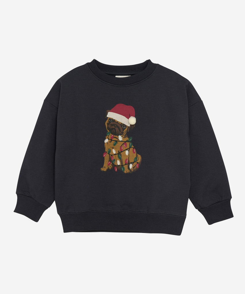 Details: &nbsp;Expertly crafted in dark navy blue, this sweater features an Christmas Pug on the front. Its round neckline and ribbed arm cuffs and waistband provide a comfortable fit. This sweater combines style and functionality.&nbsp;
Color: Dark navy blue&nbsp;&nbsp;
Composition:&nbsp;Organic Sweat Brushed 95% Cotton/ 5% Elastane &nbsp;