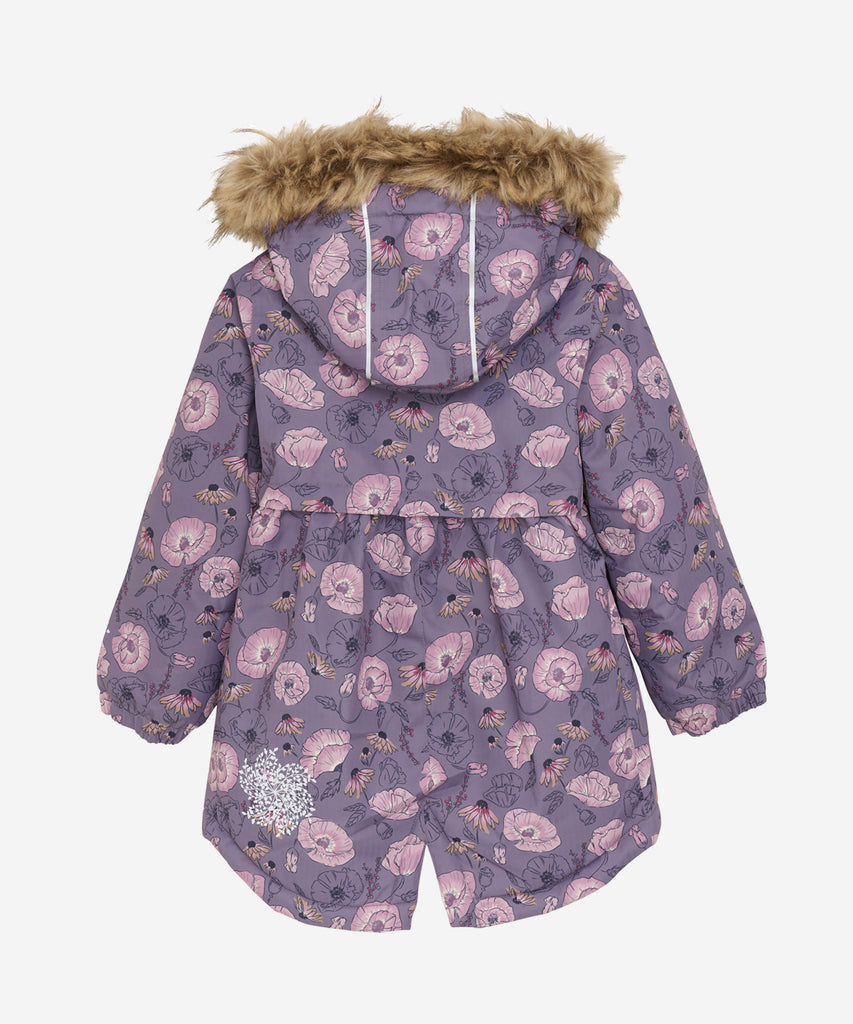 Details: Stay stylish and safe with our Winter Snow Jacket AOP Orchid. This girls jacket features a hood and an all over print. With added reflectors for visibility, your little one can explore fearlessly while staying visible. Expertly crafted for comfort and durability.Lining, zip closure, fake fur and pockets.&nbsp; Color: Haze&nbsp; Composition: Rec.Herr.bone 10000mm/8000g/m2 100% Polyester &nbsp;