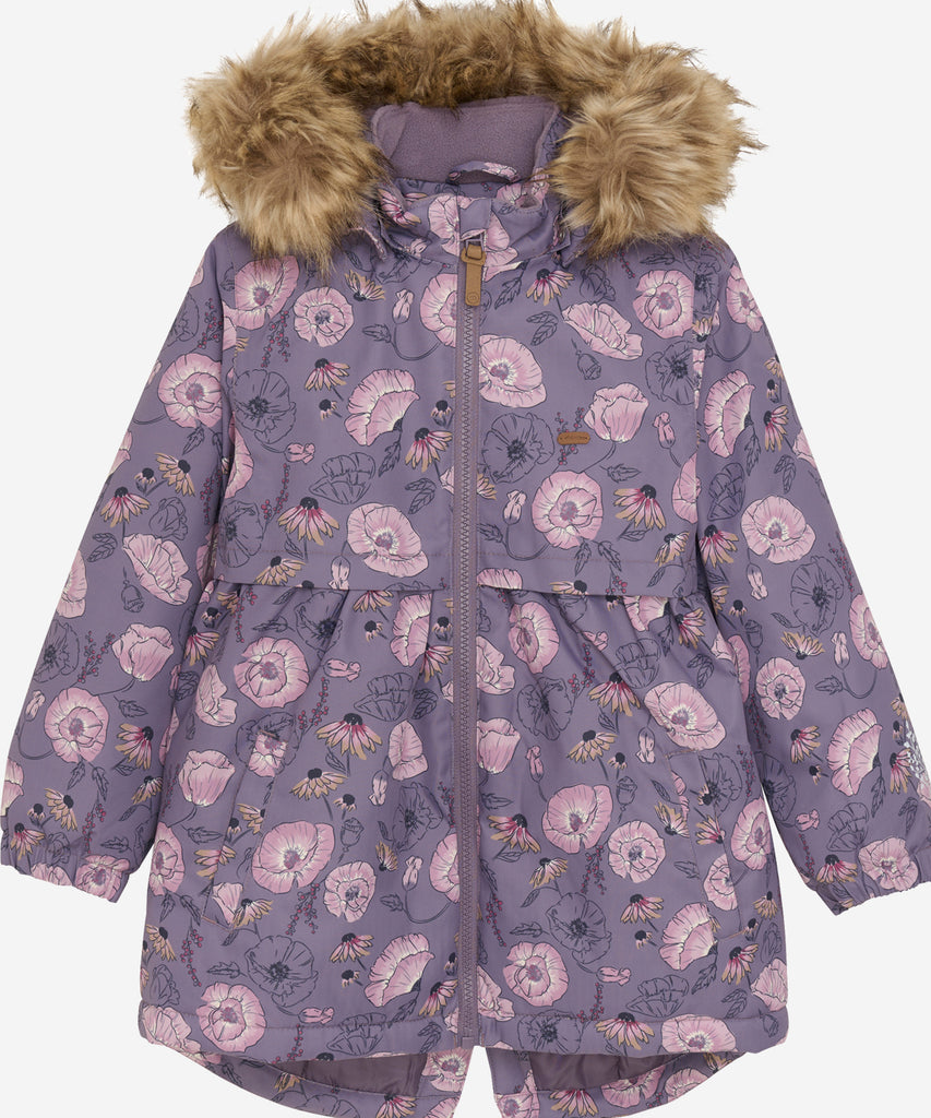 Details: Stay stylish and safe with our Winter Snow Jacket AOP Orchid. This girls jacket features a hood and an all over print. With added reflectors for visibility, your little one can explore fearlessly while staying visible. Expertly crafted for comfort and durability.Lining, zip closure, fake fur and pockets.&nbsp; Color: Haze&nbsp; Composition: Rec.Herr.bone 10000mm/8000g/m2 100% Polyester &nbsp;