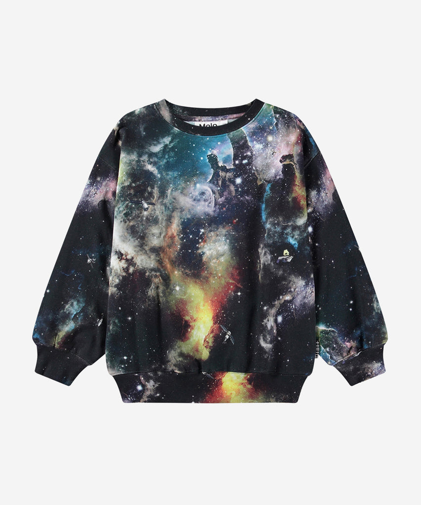 Details: Multicoloured sweatshirt in organic cotton with a brushed inner face, making it soft and warm to wear. The sweatshirt has a loose fit, round neckline, and rib cuffs and hem. The all-over print is inspired by an image from the James Webb Space Telescope and depicts outer space. If you look closely, you might spot some floating satellites.
This Molo product is GOTS Organic certified by Ecocert Greenlife, License no. 197496.&nbsp;
Colour: Multi color&nbsp;
Composition:&nbsp;100% organic cotton &nbsp;