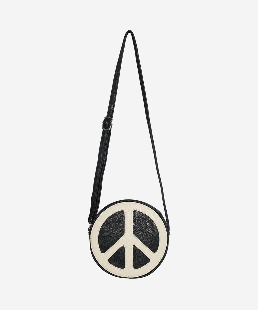 Details: &nbsp;Round, black shoulder bag with an adjustable strap and a white peace sign that is sewn on With this stylish bag, you're sure to be a hit no matter where your day takes you!&nbsp;
Color: Black&nbsp;
Composition:&nbsp; 100% Polyurethane&nbsp;