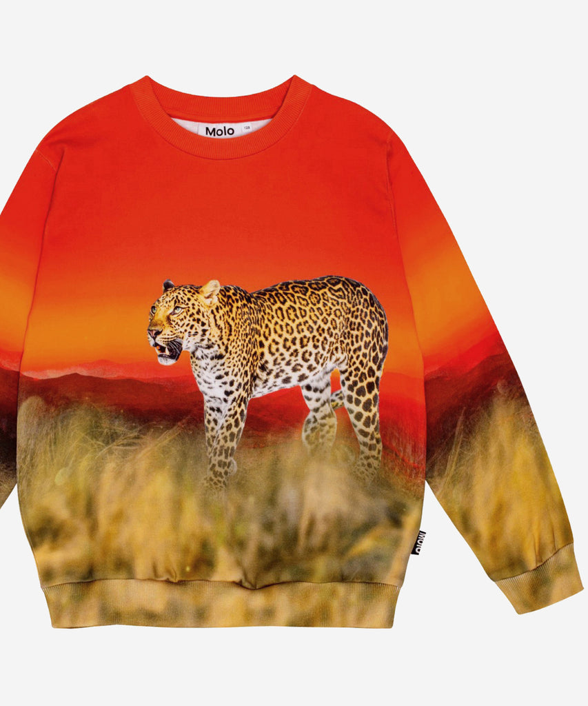 Details: Red and orange Miksi sweatshirt in organic cotton with a round neckline, ribbed cuffs and hem. The sweatshirt has a regular fit and a brushed inner face, making it soft and warm to wear. The print features leopards on the savannah, on the lookout for dinner.&nbsp; This Molo product is GOTS Organic certified by Ecocert Greenlife, License no. 197496. &nbsp; Colour: Red sky&nbsp; Composition:&nbsp;100% organic cotton&nbsp;&nbsp;