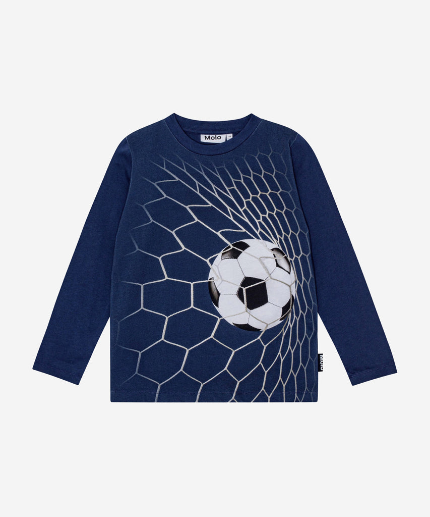 Details: Dark blue top in organic cotton with long sleeves, round neckline, ribbed trim at the neck, and regular fit. It features a print on the front, depicting the moment a football zooms into the net, and you score a goal!&nbsp; This Molo product is GOTS Organic certified by Ecocert Greenlife, License no. 197496.&nbsp; Colour: Blue&nbsp; Composition:&nbsp;100% Organic cotton&nbsp;