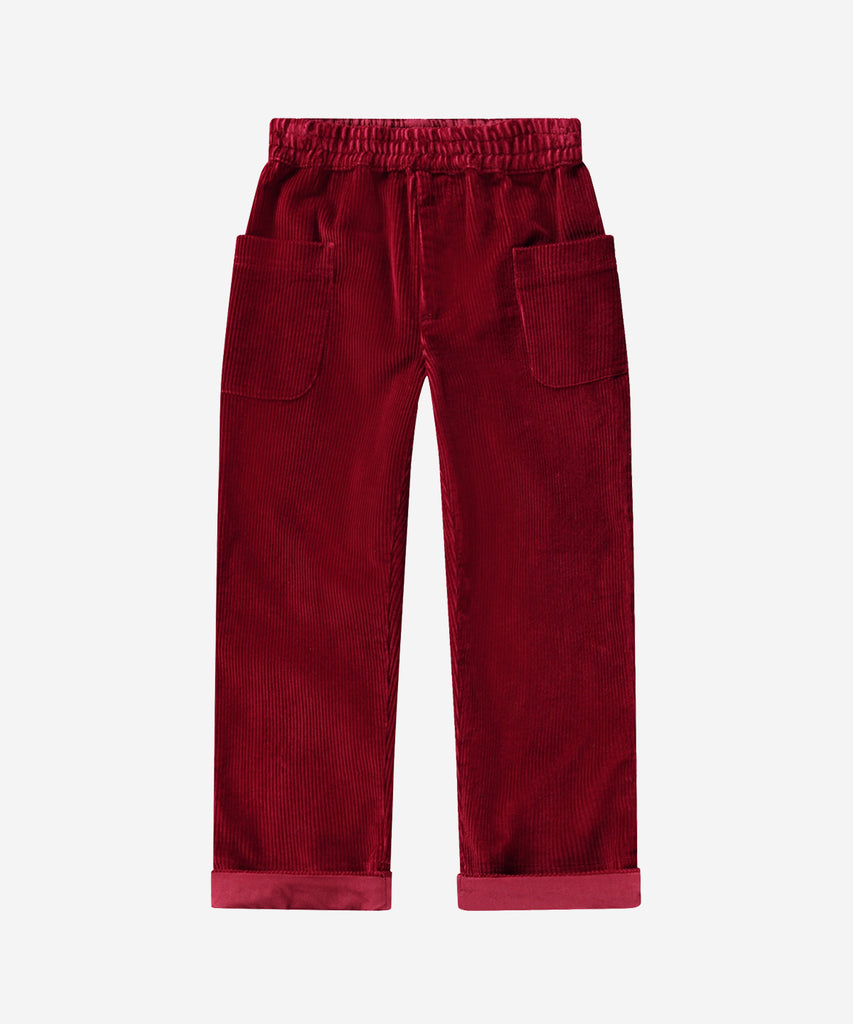 Details: Alfia is a pair of velvety red corduroy trousers in a relaxed, wide fit and with roll up at the legs. The trousers have large patch pockets at the sides and an elastic waist. Color: Velvety red&nbsp; Composition: 100% Cotton &nbsp;