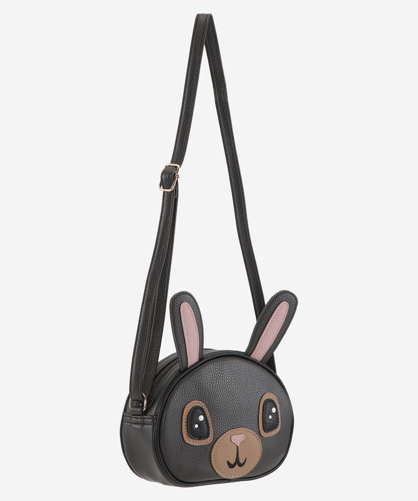 Details: Bunny shaped cross body bag, Handbag with zip closure.  Color: Black  Composition:  100% Polyurethane 