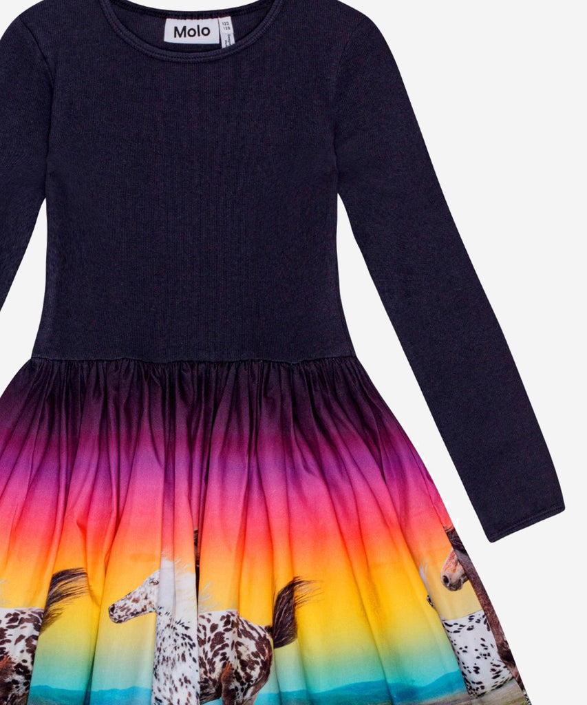 Details: Long-sleeved black dress in organic cotton with a fitted ribbed jersey top, round neck, and a voluminous full skirt in cotton poplin. The skirt is adorned with a colourful print of galloping horses.&nbsp;
This Molo product is GOTS Organic certified by Ecocert Greenlife, License no. 197496.&nbsp;
Color: Magic sunset&nbsp;&nbsp;
Composition:&nbsp;100% Organic cotton&nbsp;