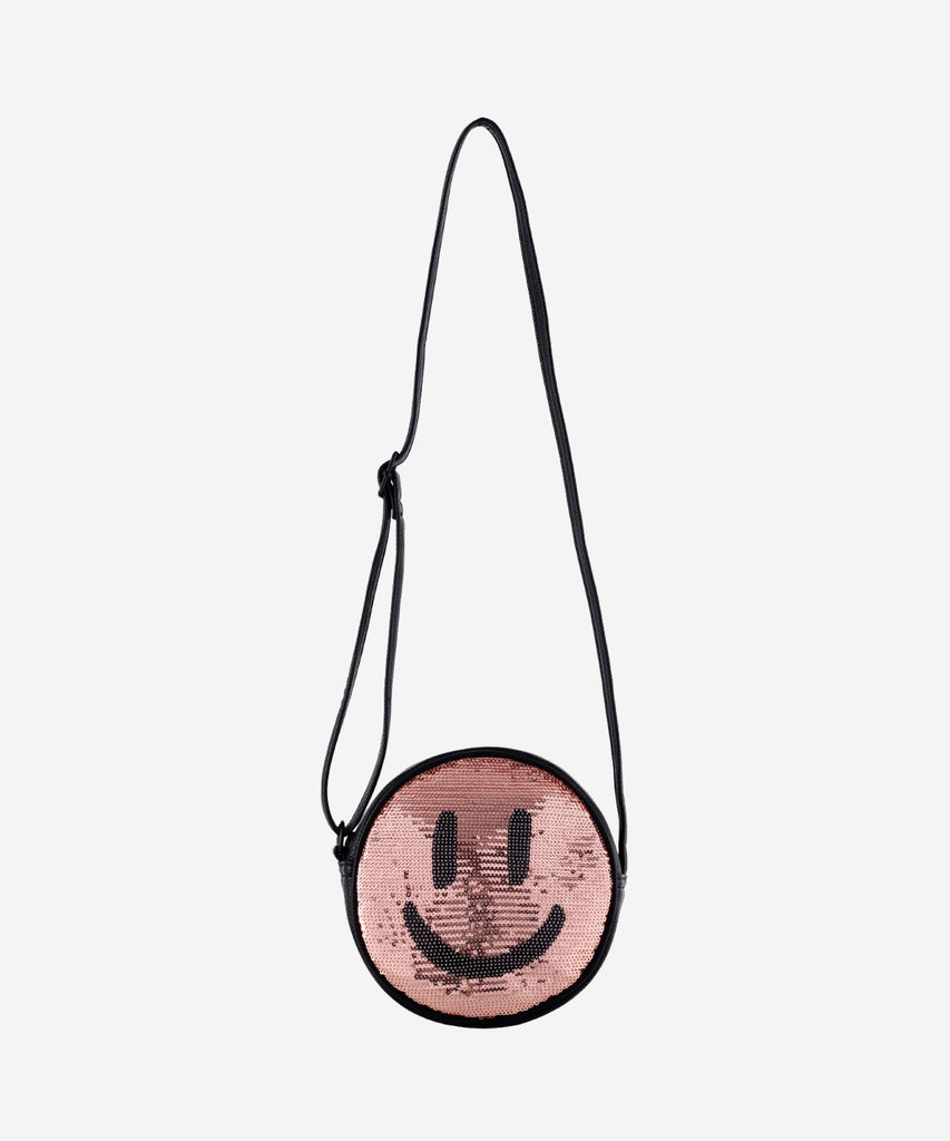 Details:&nbsp; Our Glitter Smiley Cross Body bag is the perfect companion for any adventure! This bag features an adorable Glitter Smiley design and zip closure to make sure your items are safe and secure. With this stylish bag, you're sure to be a hit no matter where your day takes you!&nbsp; Color: Glitter pink&nbsp; Composition:&nbsp; 100% Polyurethane&nbsp;