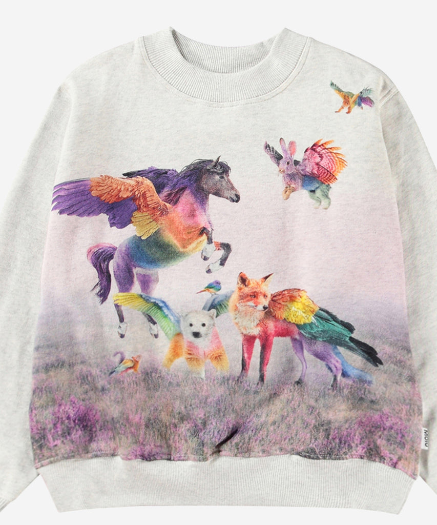Details: &nbsp;Multicoloured sweatshirt in organic cotton with a round neck, ribbed trim at the neck, hem and sleeves, and an oversized fit. Rainbow Pegasus print adds a fresh and lively expression. This Molo product is GOTS Organic certified by Ecocert Greenlife, License no. 197496.&nbsp; Color: Rainbow&nbsp; Composition:&nbsp; 96% Organic cotton/ 4% Elastane &nbsp;
