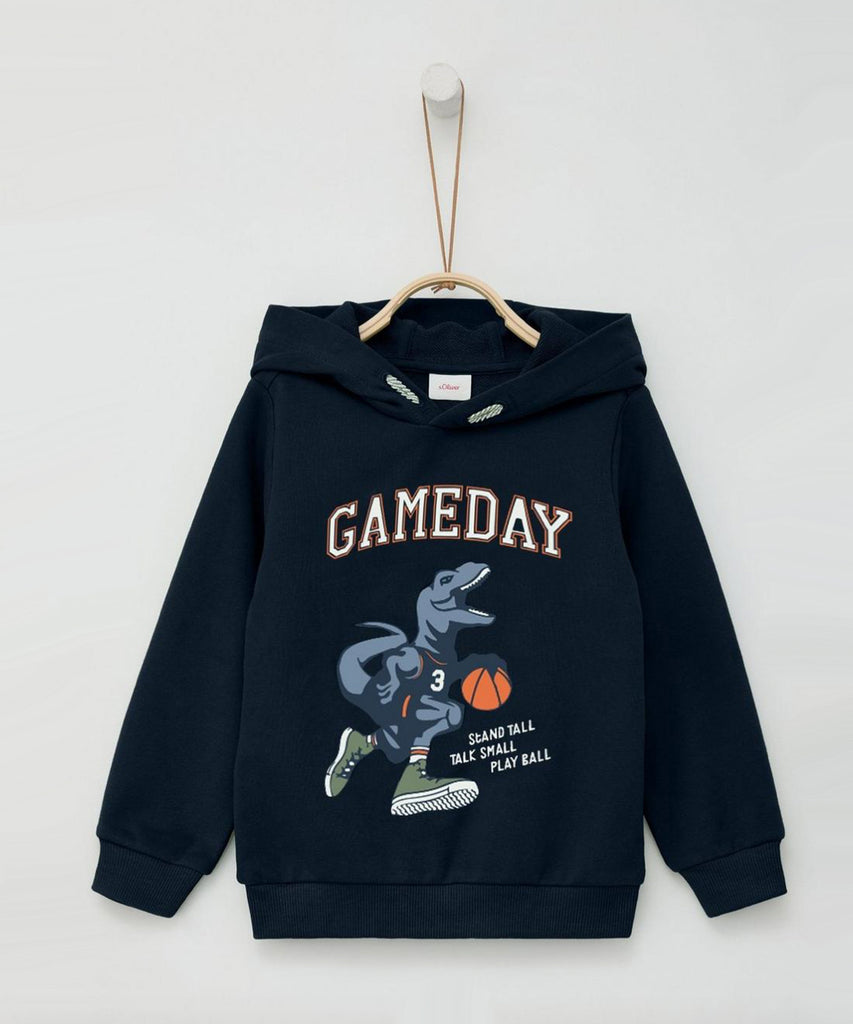 Details: &nbsp;Stay cozy and stylish with our hooded sweater in Navy Blue. This hoodie features ribbed arm cuffs and waistband for a comfortable fit. The front showcases a playful dino gameday&nbsp; print, adding a touch of fun to your wardrobe. Perfect for any season.&nbsp;
Color: Navy blue&nbsp;
Composition: 090%CO 010%PES&nbsp;