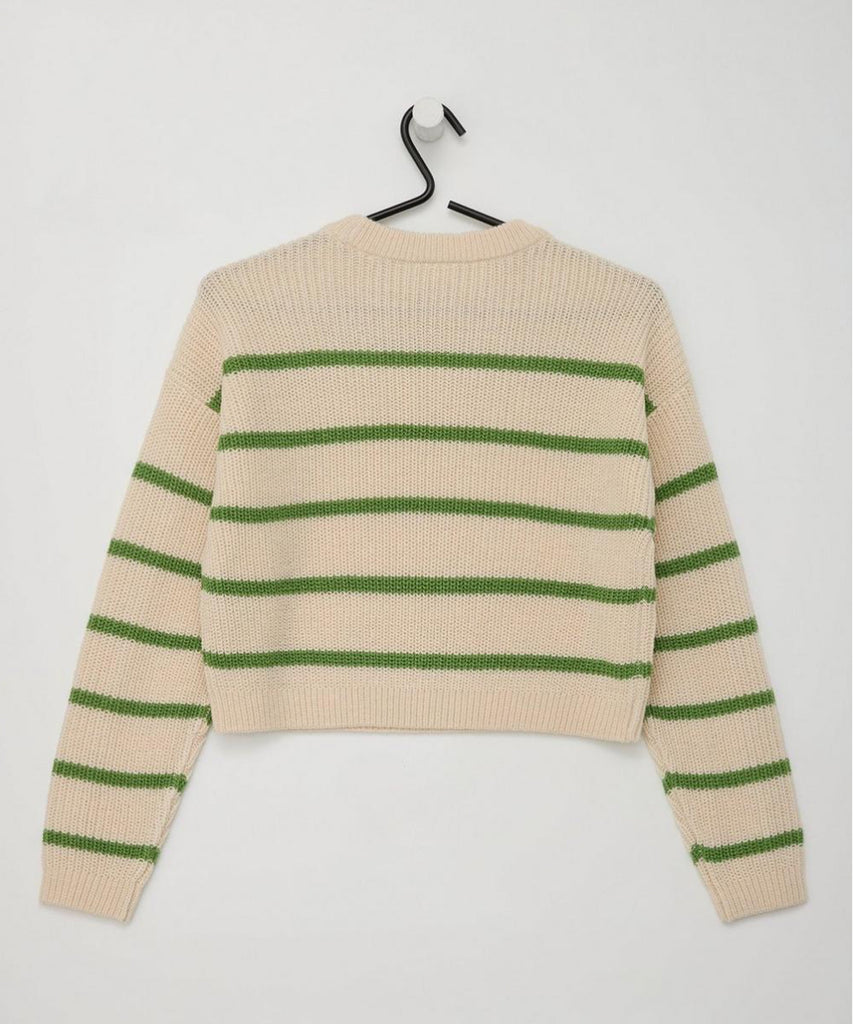 Details:&nbsp;This knitted cropped rib pullover features a round neckline and a stylish striped design in almond and grass green. With a comfortable fit and trendy color combination, it's the perfect addition to your wardrobe. Stay on top of fashion with this versatile and effortlessly chic piece.&nbsp;
Color: Grass green almond&nbsp;
Composition:&nbsp; Winter'24 &nbsp;