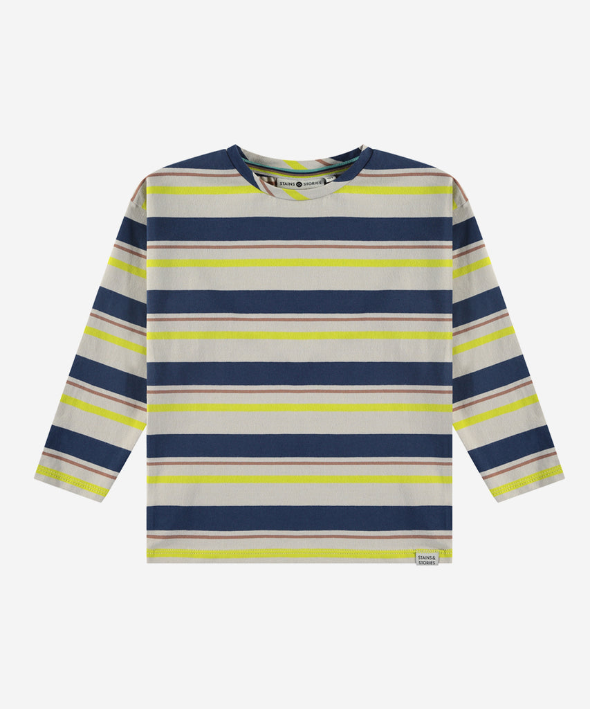 Details: Introducing our LS T-Shirt Music, a perfect addition to your wardrobe. This long sleeve t-shirt features stripes in blue bone and lemon, giving you a versatile and trendy look. The round neckline adds a touch of sophistication, making it a must-have for any fashion-forward individual. Upgrade your style today!&nbsp;
Color: Bone blue lemon
Composition: 95% BCI cotton/5% elasthan&nbsp;
