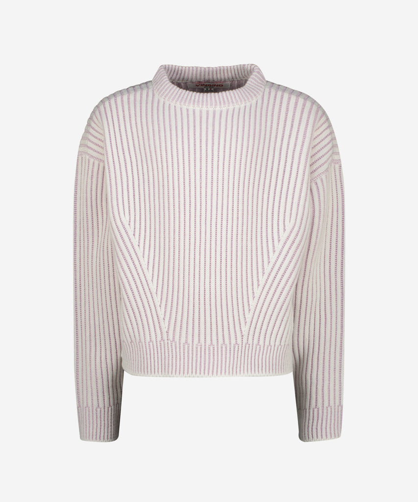 Details: &nbsp;This Marona Knit Rib Pullover offers a sophisticated look with its elegant combination of gloss lilac and off white. The round neckline adds a touch of femininity while the rib knit provides a comfortable fit. Perfect for a polished and stylish look.&nbsp;
Color: Gloss lilac off white&nbsp;
Composition: 100% Acryl &nbsp;