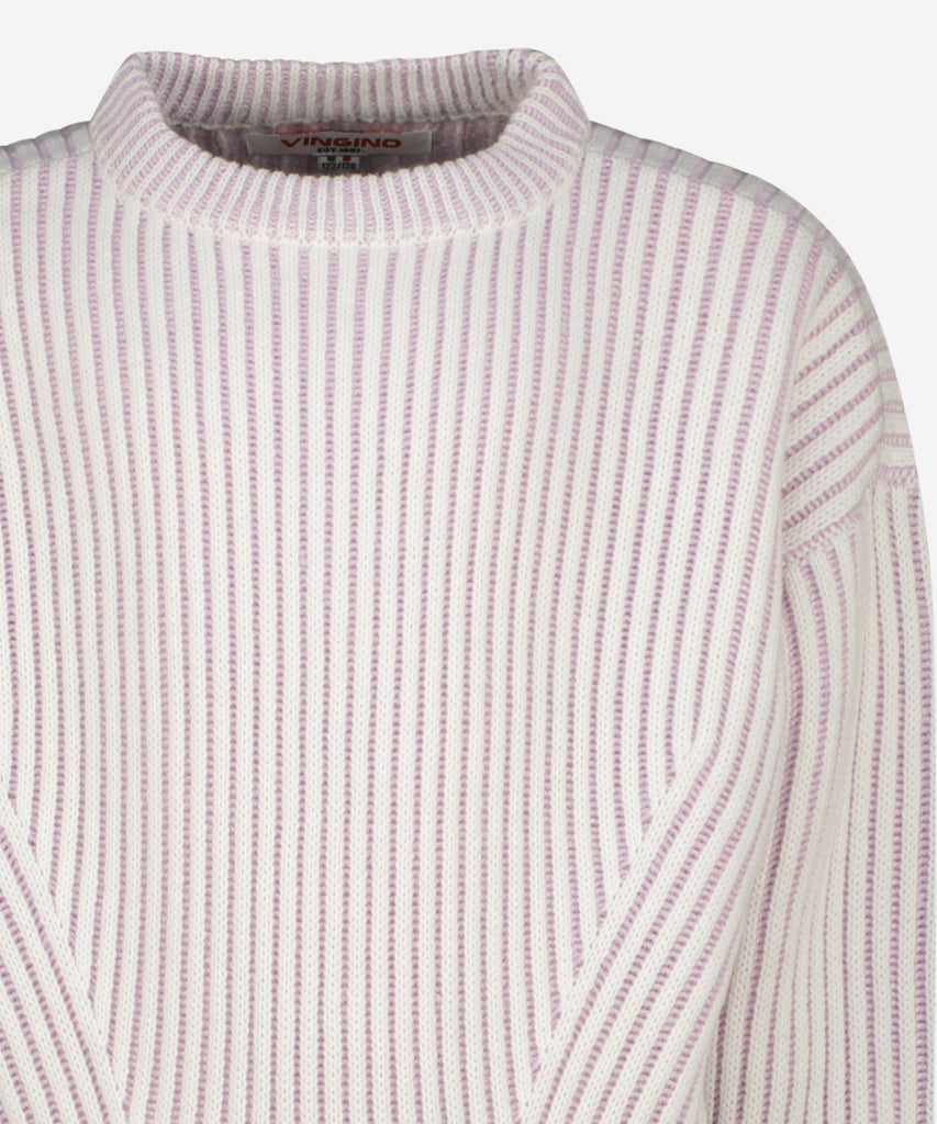 Details: &nbsp;This Marona Knit Rib Pullover offers a sophisticated look with its elegant combination of gloss lilac and off white. The round neckline adds a touch of femininity while the rib knit provides a comfortable fit. Perfect for a polished and stylish look.&nbsp;
Color: Gloss lilac off white&nbsp;
Composition: 100% Acryl &nbsp;