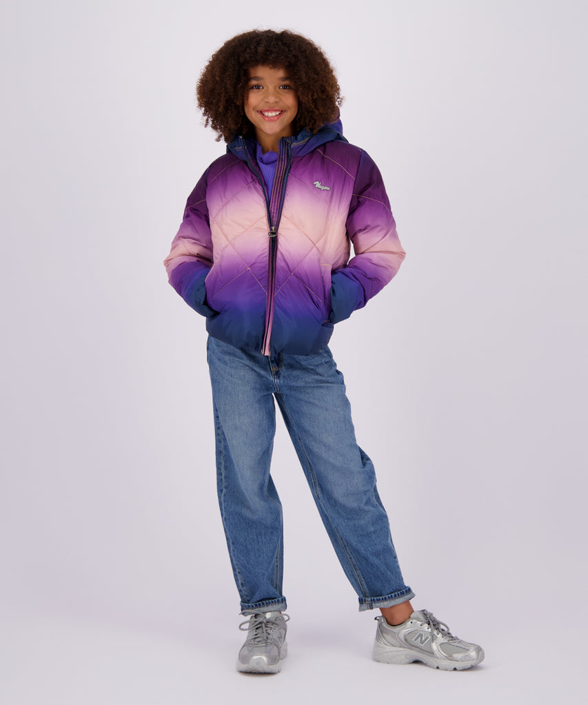 Details:&nbsp; Stay warm and stylish this winter with our Tarijke Winter Padded Outdoor Jacket. This hooded jacket features a gradient purple crush design and a zip closure for added convenience. The fleece lining on the inside will keep you cozy while the pockets offer ample storage space. Perfect for all your outdoor adventures.&nbsp; Color: Purple&nbsp; Composition:&nbsp; 100% Polyester &nbsp;