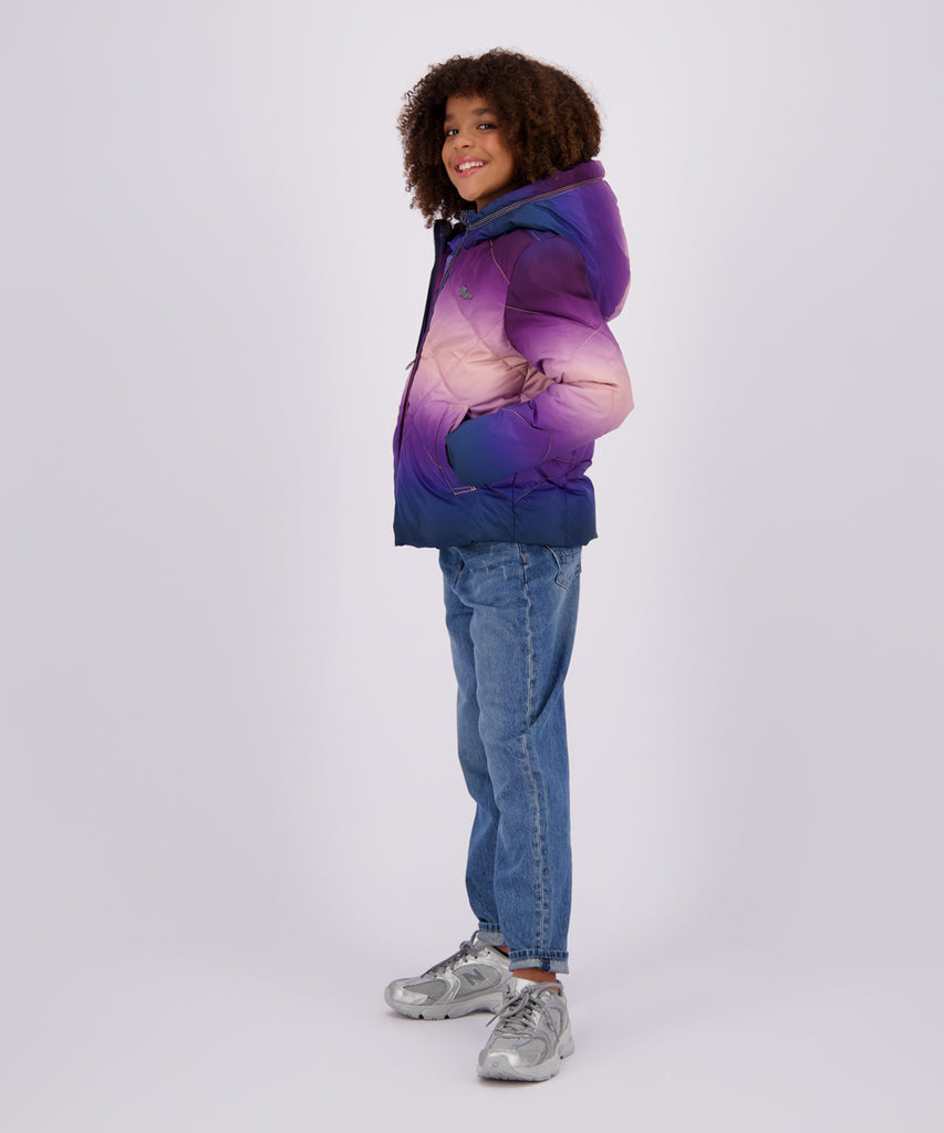 Details:&nbsp; Stay warm and stylish this winter with our Tarijke Winter Padded Outdoor Jacket. This hooded jacket features a gradient purple crush design and a zip closure for added convenience. The fleece lining on the inside will keep you cozy while the pockets offer ample storage space. Perfect for all your outdoor adventures.&nbsp; Color: Purple&nbsp; Composition:&nbsp; 100% Polyester &nbsp;