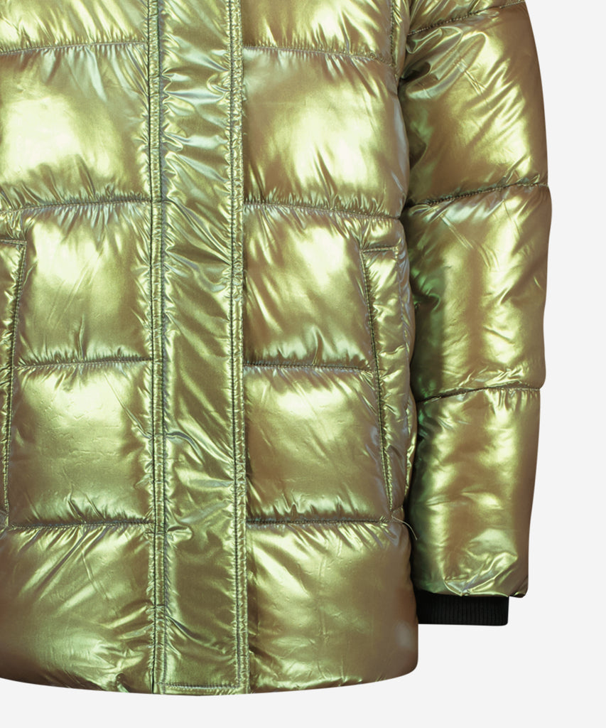 Details:&nbsp; Stay warm and stylish this winter with our Telissa Winter Padded Outdoor Jacket. This hooded jacket features a green metalic design and a zip closure for added convenience. The pockets offer ample storage space. Perfect for all your outdoor adventures.&nbsp; Color: Green metallic&nbsp; Composition:&nbsp; 100% Nylon &nbsp;