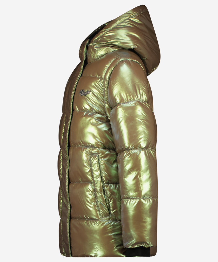 Details:&nbsp; Stay warm and stylish this winter with our Telissa Winter Padded Outdoor Jacket. This hooded jacket features a green metalic design and a zip closure for added convenience. The pockets offer ample storage space. Perfect for all your outdoor adventures.&nbsp; Color: Green metallic&nbsp; Composition:&nbsp; 100% Nylon &nbsp;