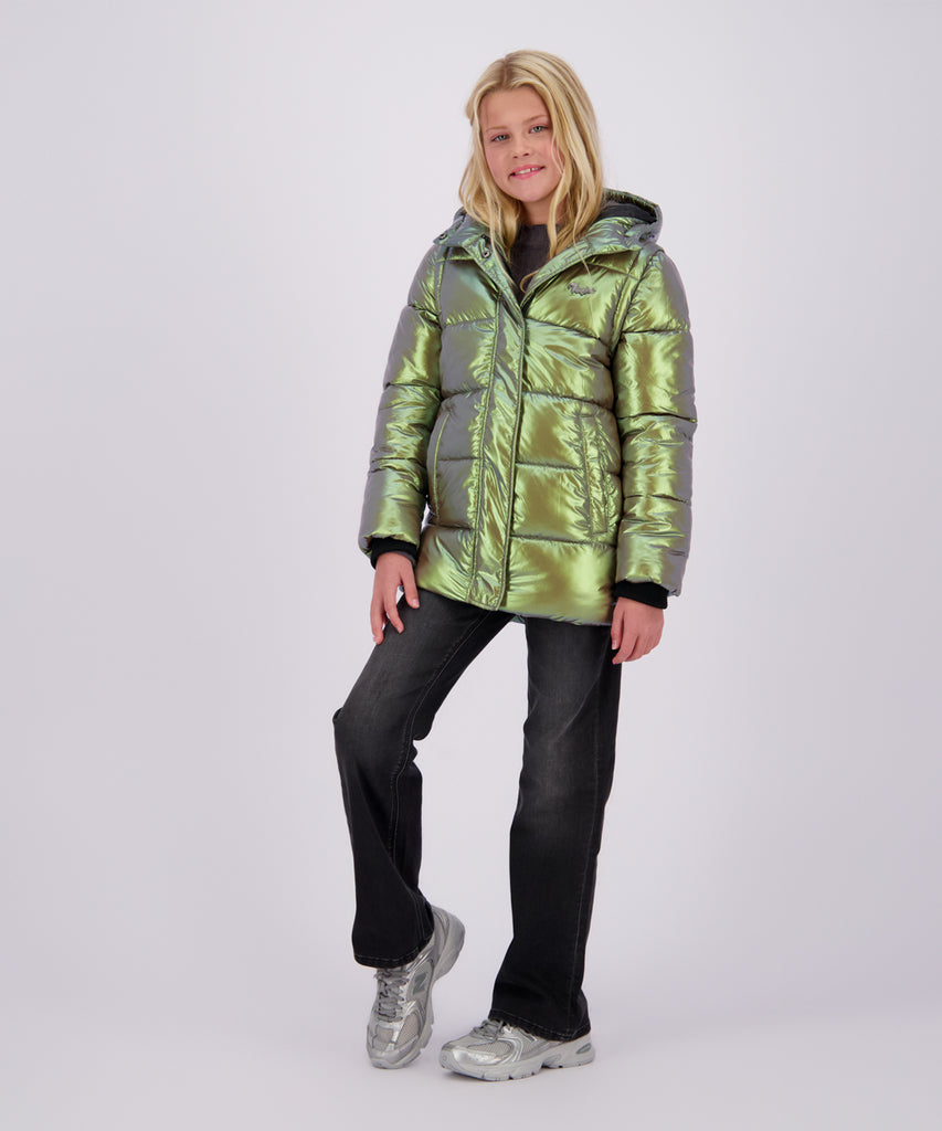 Details:&nbsp; Stay warm and stylish this winter with our Telissa Winter Padded Outdoor Jacket. This hooded jacket features a green metalic design and a zip closure for added convenience. The pockets offer ample storage space. Perfect for all your outdoor adventures.&nbsp; Color: Green metallic&nbsp; Composition:&nbsp; 100% Nylon &nbsp;