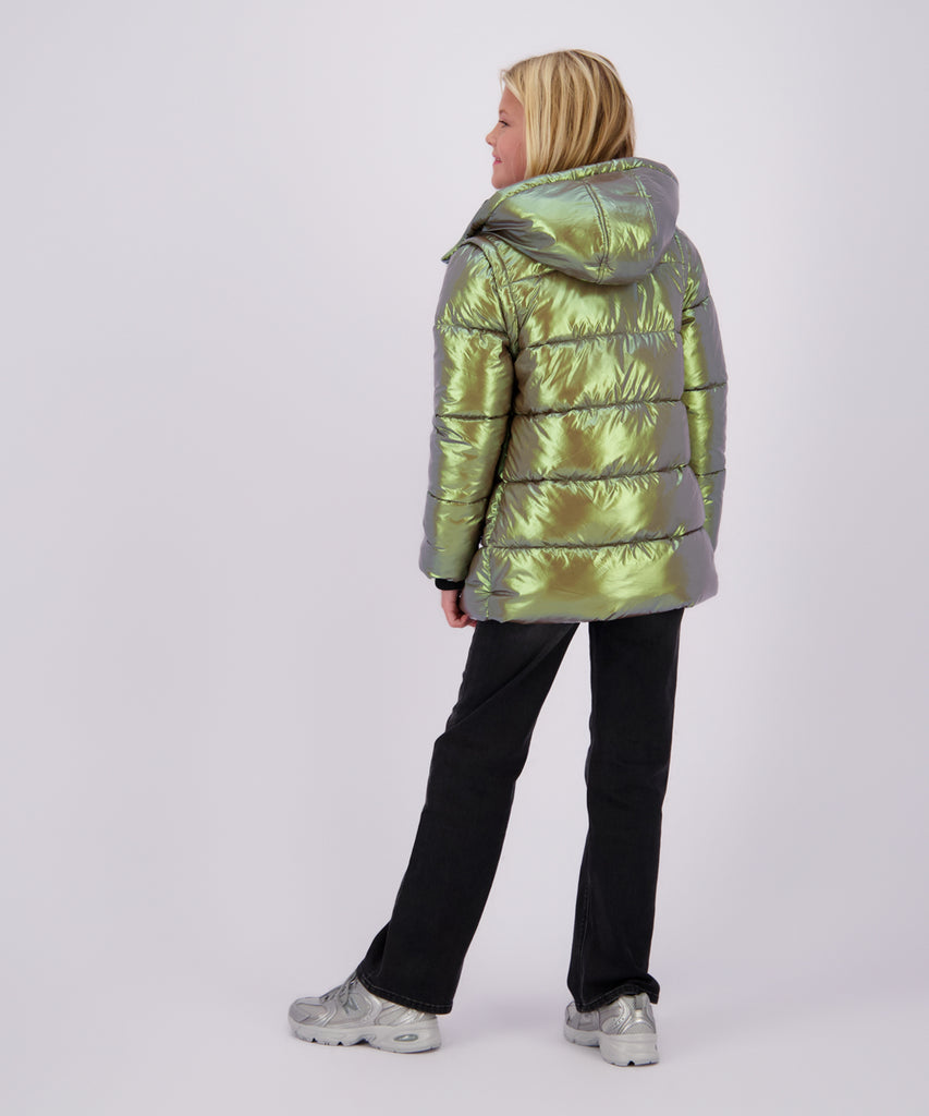 Details:&nbsp; Stay warm and stylish this winter with our Telissa Winter Padded Outdoor Jacket. This hooded jacket features a green metalic design and a zip closure for added convenience. The pockets offer ample storage space. Perfect for all your outdoor adventures.&nbsp; Color: Green metallic&nbsp; Composition:&nbsp; 100% Nylon &nbsp;