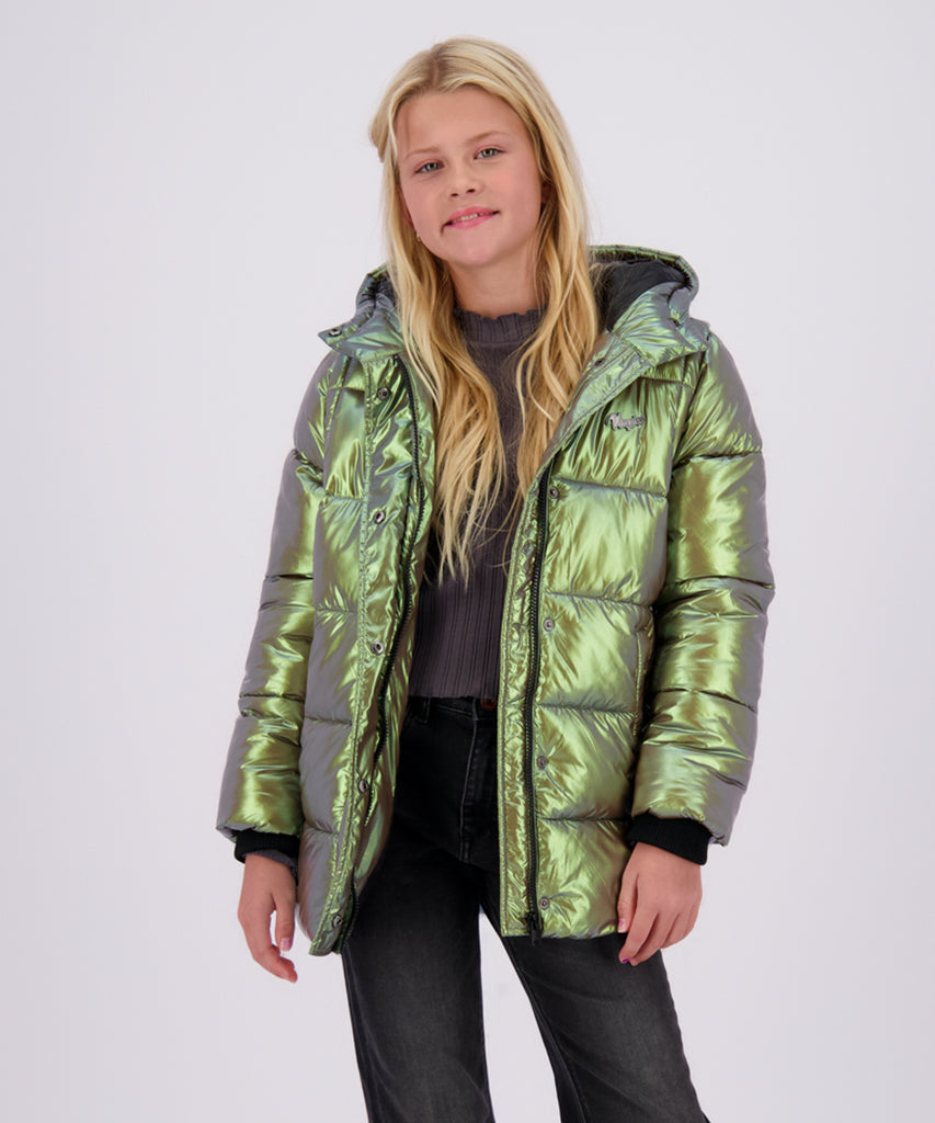 Details:&nbsp; Stay warm and stylish this winter with our Telissa Winter Padded Outdoor Jacket. This hooded jacket features a green metalic design and a zip closure for added convenience. The pockets offer ample storage space. Perfect for all your outdoor adventures.&nbsp; Color: Green metallic&nbsp; Composition:&nbsp; 100% Nylon &nbsp;