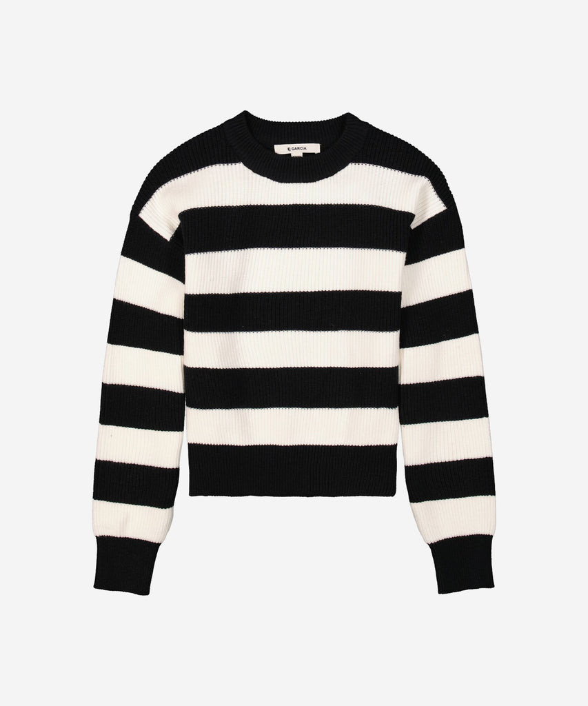 Details: &nbsp;Expertly crafted with a soft knit fabric, this pullover boasts a classic black and white stripe design. The round neckline and ribbed arm cuffs and waistband provide a comfortable fit. Elevate your wardrobe with this versatile and stylish piece.&nbsp;
Color: Black white&nbsp;
Composition:&nbsp; 51% Viscose, 27% Polyester, 22% Polyamide &nbsp;&nbsp;